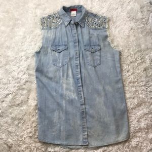 Bleach Denim short sleeve top with rhinestones
